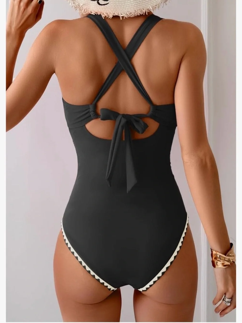 Black V-Neck One-Piece Swimsuit with Contrast Trim